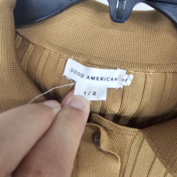 Good American Plaited Rib Polo Shirt In Bronze Brown Button Up Women's Size 1/2 - Picture 6 of 7